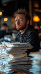 Creative portrait of professional drowning in administrative paperwork flow