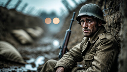 Fototapeta premium Soldier sitting in muddy trench during a rainstorm in conflict zone
