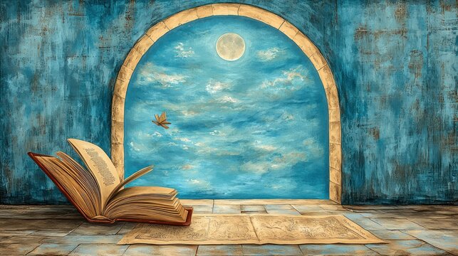 Open book, moonlit archway, night sky, fantasy, reading