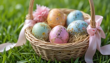 Wicker basket filled with colorful decorative Easter eggs with a pink ribbon tied on top