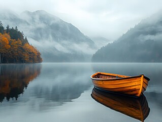 Obraz premium Serene Lake Scene with Wooden Boat Mountains and Autumnal Trees in Foggy Atmospheric Light
