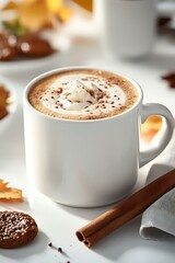 Obraz premium Hot chocolate topped with whipped cream and cocoa powder in white ceramic mug, with cinnamon stick and chocolate cookies on bright background.