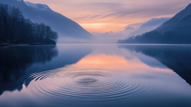A still and tranquil lake water surface, reflecting the soft colors of the sky at dawn, with subtle ripples creating a sense of harmony and peace