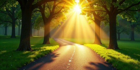 Obraz premium Sunlit Pathway Through a Verdant Grove at Dawn, Casting Long Shadows on a Winding Road