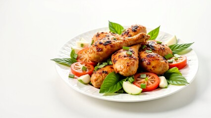 Grilled Chicken Drumsticks with Fresh Salad on White Plate