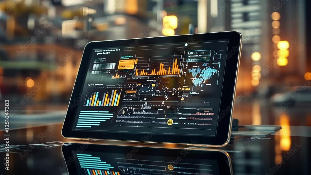 Poster tablet displaying a futuristic interface monitors global business operations, providing real time da
