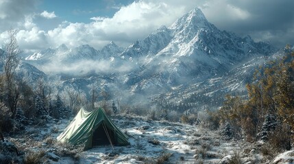 Snowy Mountain Campsite; Winter Tent Scene