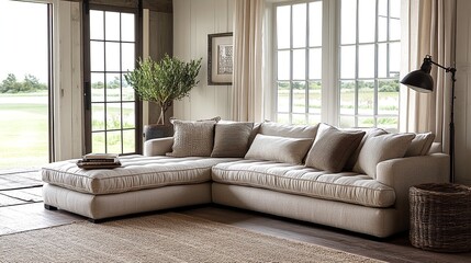 Fototapeta premium A living room with a couch and windows.