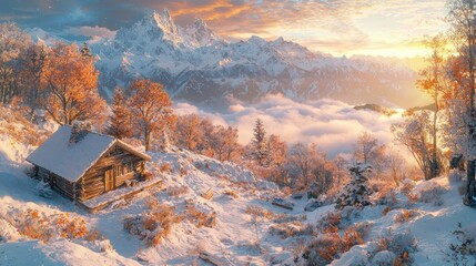 Snowy mountain cabin sunrise, autumn trees, fog, winter landscape, travel poster