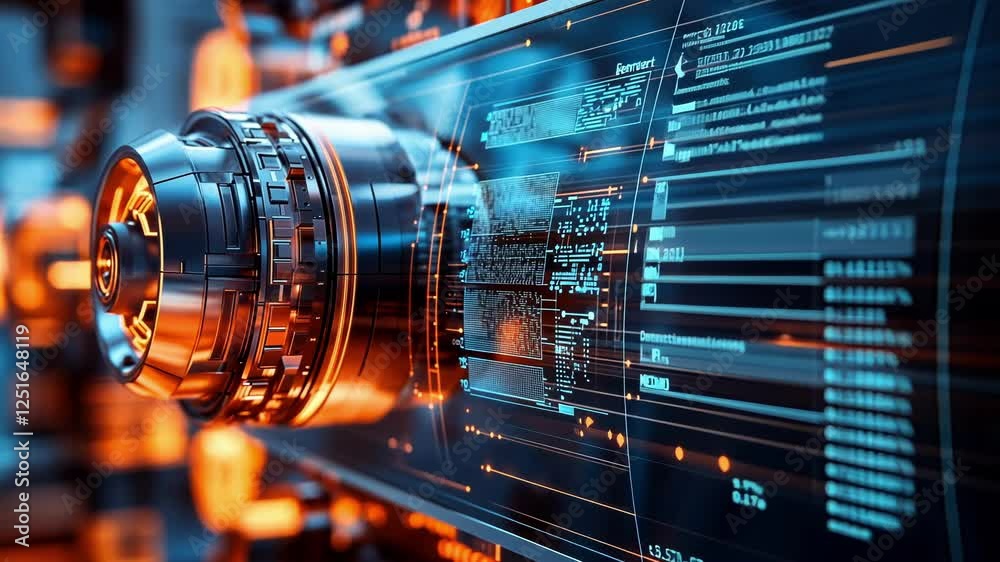 Poster complex engine featuring intricate details and advanced technology, complemented by a digital displa