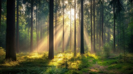 Morning light filters through the dense canopy of tall trees, casting warm rays during dawn that illuminate the vibrant green foliage below