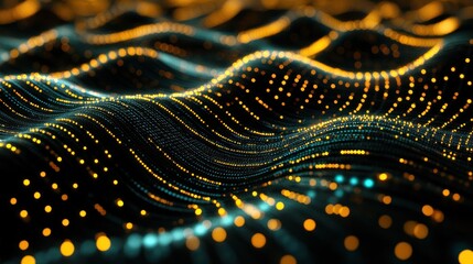 Abstract gold teal data waves flowing, digital background, tech illustration