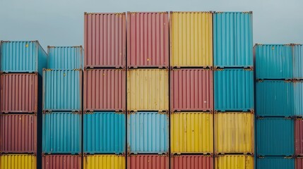Fototapeta premium Container stacking action at shipping yard industrial location cargo management urban environment aerial view logistics concept
