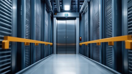 Modern Industrial Elevator Shaft with Metallic Walls and Floor in a High-tech Storage Facility