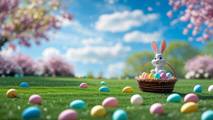 Easter celebration with a bunny and colorful eggs in a sunny park