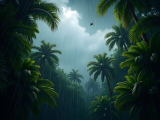 Fototapeta premium Tropical Rainforest Downpour Lush Palms Heavy Rain