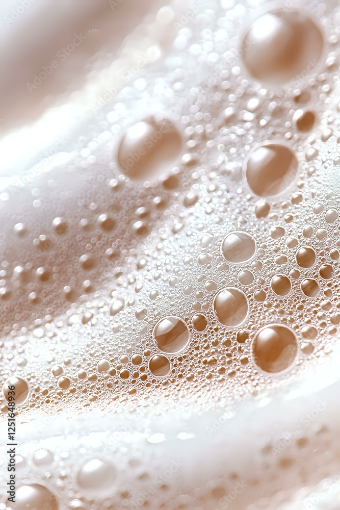 Poster macro shot of soap bubbles creating abstract pattern with soft beige and white tones, showing delica