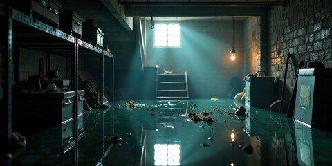 A subterranean chamber's flooded floor reflects the dim light filtering through a high window, illuminating debris and rusted metal storage units