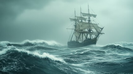 Obraz premium Stormy Seas Sailing Ship Braving Tempest