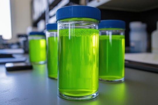 Laboratory experiment with fluorescent green solutions research facility scientific study controlled environment close-up perspective chemistry and innovation