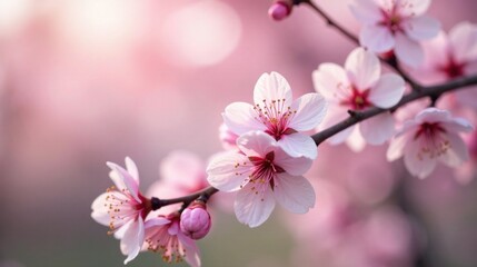 Obraz premium Delicate Pink Blossoms on a Branch in Soft Sunlight, a Gentle Springtime Scene
