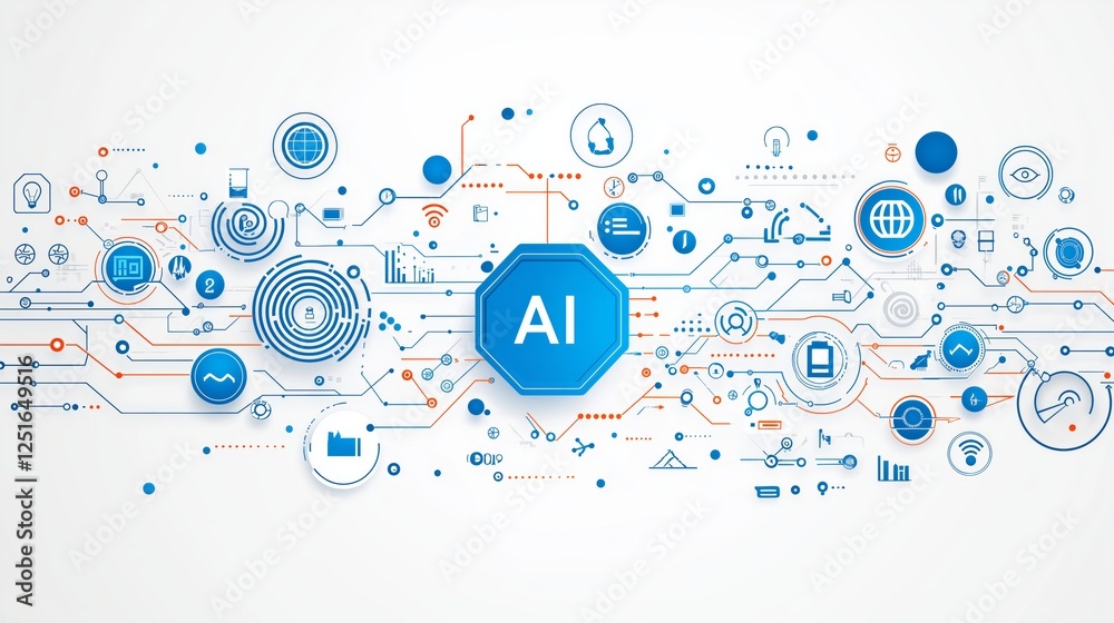 Aufkleber Artificial intelligence network with futuristic digital connections, representing advanced data processing, machine learning, and smart automation in technology, Generative AI