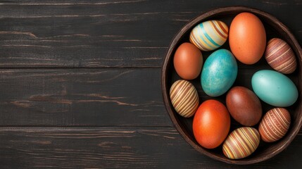 Decorative Colorful Easter Eggs Arranged in Wooden Bowl on Dark Brown Wood Surface.