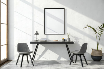 Modern Minimalist Workspace Interior Mockup With Blank Frame and Empty Desk and