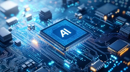 Obraz premium Artificial intelligence microprocessor on a futuristic circuit board, symbolizing advanced computing, digital innovation, and high-tech AI-driven automation, Generative AI