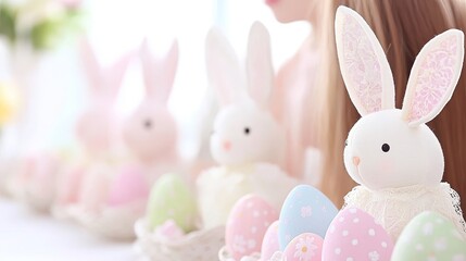 Obraz premium Decorative Easter Bunnies and Pastel Eggs Placed in a Line for a Spring Celebration.