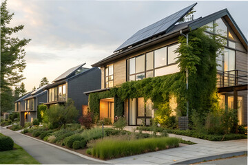 Modern Sustainable Homes Row With Solar Panels And Lush Gardens for Sale or