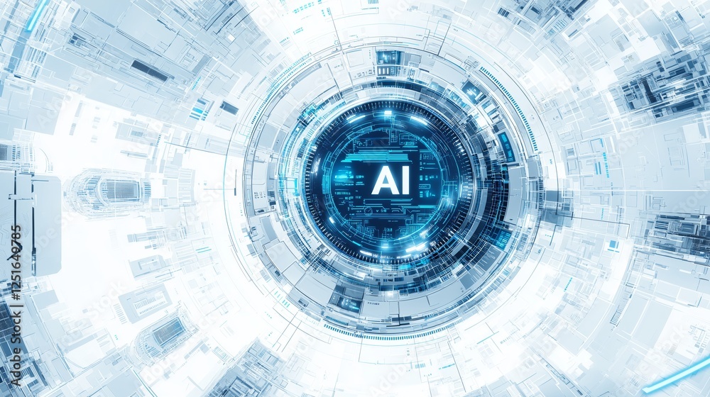 Poster Futuristic artificial intelligence interface with digital circular technology, representing the evolution of smart automation, data processing, and cyber advancements, Generative AI