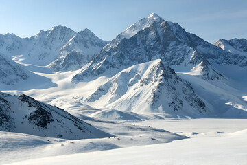 Naklejka premium Snowy Mountain Peaks in a Frozen Valley