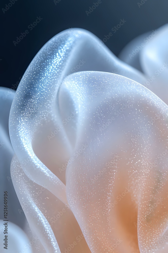 Poster ethereal abstract macro of flowing white curves with sparkling glitter texture and soft peach glow a