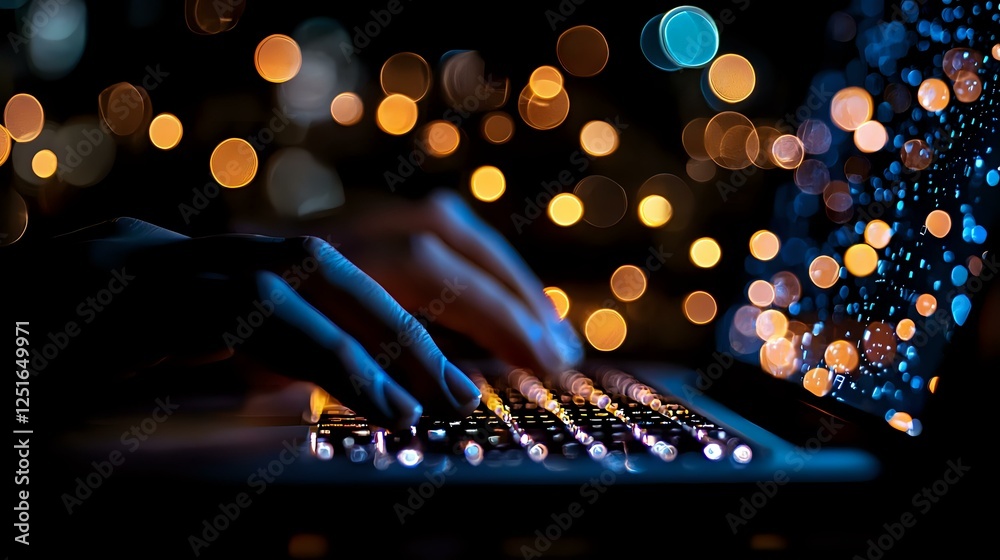 Poster illuminated computer keyboard with blurred bokeh lights creating magical atmosphere, close-up shot i