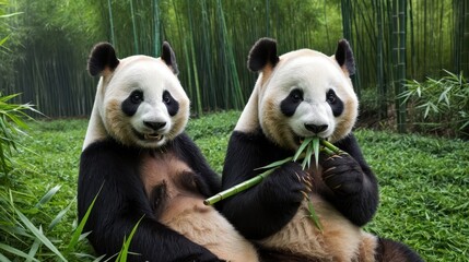 Obraz premium playful pandas enjoying a meal in a lush bamboo forest