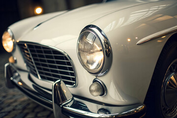 Vintage White Classic Car Front View Closeup Detail Shot with Chrome Grill