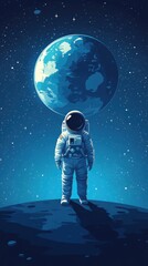 Obraz premium Cartoon astronaut stands on a moon with earth behind