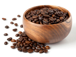 Fototapeta premium Scoop of coffee beans in a bag on white background. Coffee in scoop isolated. Top view of coffee