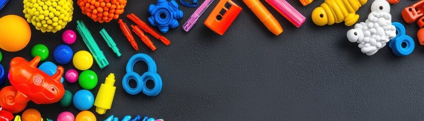 Colorful plastic toys on dark background
