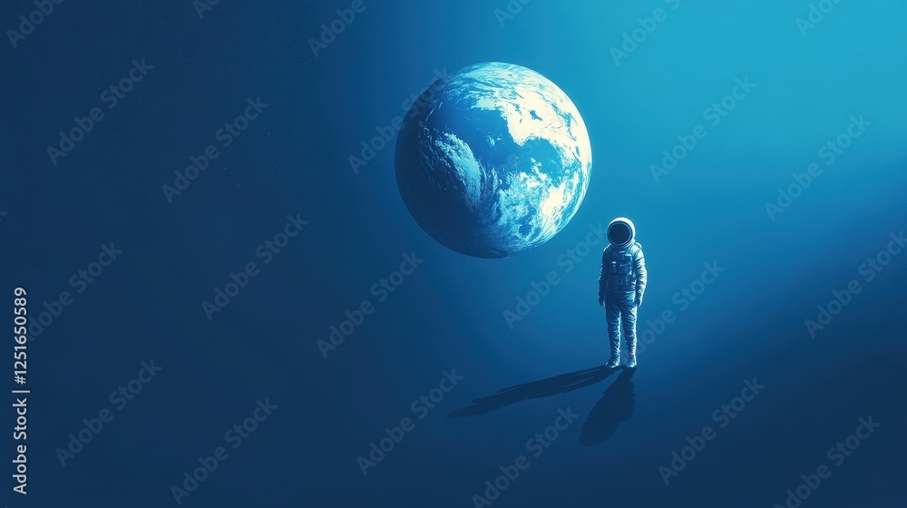 Wall mural astronaut stands before a surreal floating earth in space
