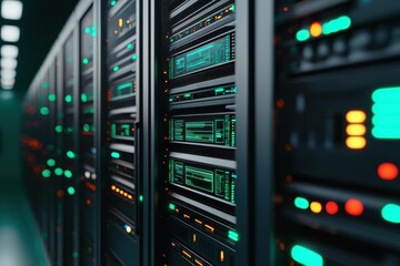 Data processing event in high-tech server room digital infrastructure technology environment close-up view data management concept