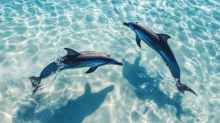 Obraz premium A stunning aerial view of dolphins splashing and playing in the shallow waters of a clear tropical sea, their shadows visible on the white sand below