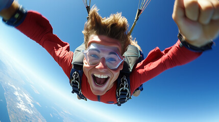 thrilling skydiving adventure with an excited person in free fall wearing safety gear and goggles against a clear blue sky capturing the adrenaline rush and extreme sports excitement in high altitude