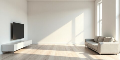 Fototapeta premium Sunlit Modern Living Room Interior with Neutral Sofa and Flat Screen TV