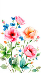 Fototapeta premium Romantic watercolor floral arrangement with pink, blue and orange flowers and green foliage on a white background