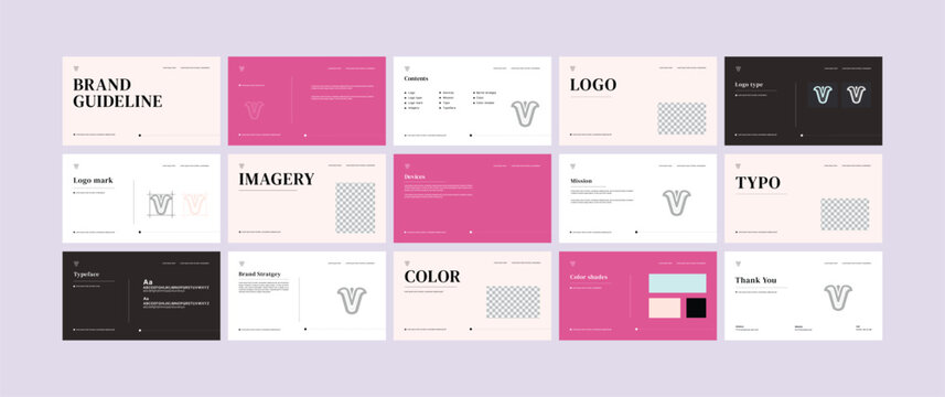 Brand identity design template. Complete Brand Guidelines Template, Creative brand guidelines layout, brand identity manual presentation, Logo and brand strategy guide, Logo guideline book.