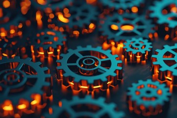 Mechanical gears turning in synergy industrial workshop digital art high-tech environment close-up view innovation concept