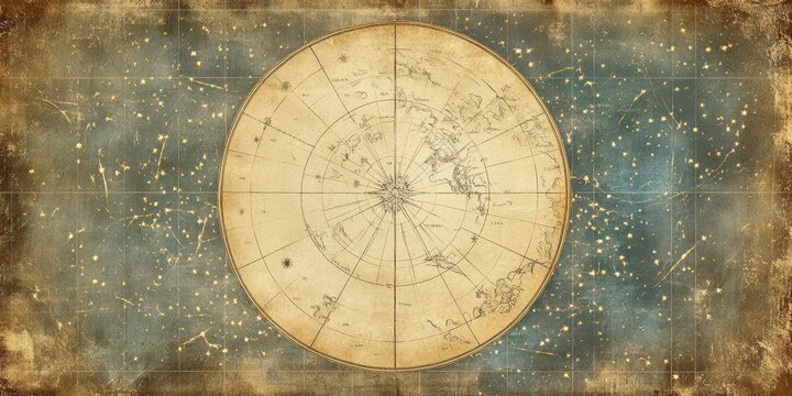 Antique map of the arctic region with star constellation background