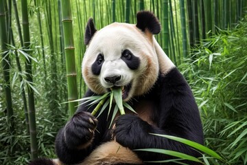 Obraz premium a playful panda enjoying a bamboo feast in a lush green forest